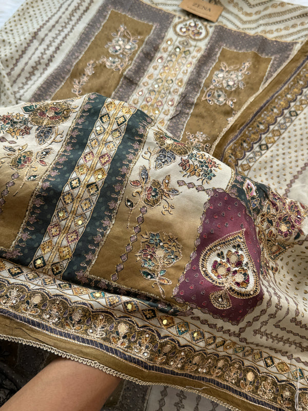 Unstitched Muslin Hand Detailed Pakistani Suit with Real Mirror Work – Elegant Festive Fabric Set