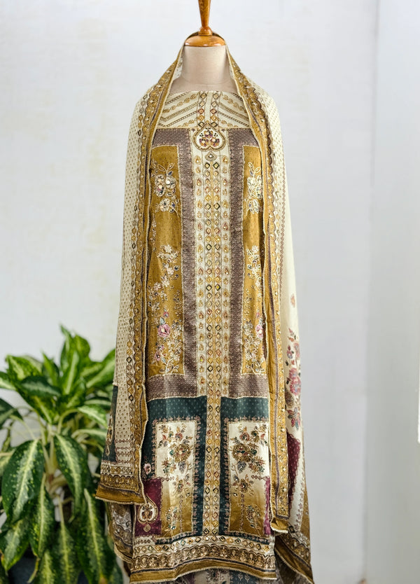 Unstitched Muslin Hand Detailed Pakistani Suit with Real Mirror Work – Elegant Festive Fabric Set