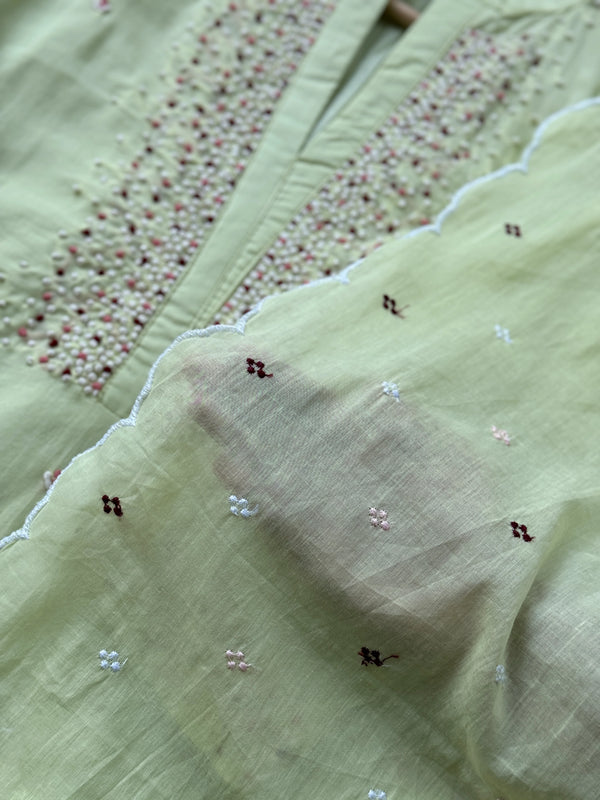 Premium Mul Cotton Handwork Kurti Set – French Knot Detailing