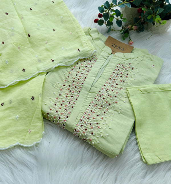 Premium Mul Cotton Handwork Kurti Set – French Knot Detailing