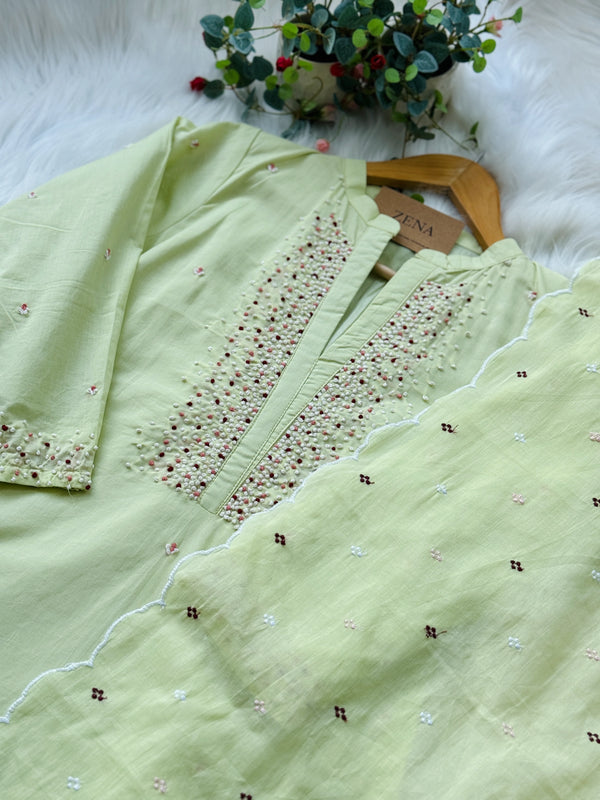 Premium Mul Cotton Handwork Kurti Set – French Knot Detailing