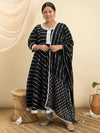 Plus Size Black Striped Cotton Anarkali Kurta With Churidar & Dupatta