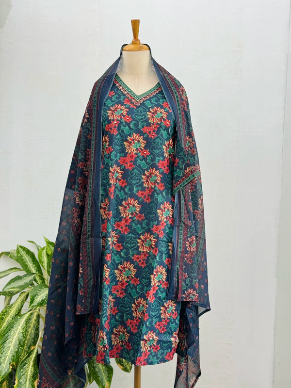 Pure Cotton A-Line Kurti Set – Breezy Elegance in Dark Blue