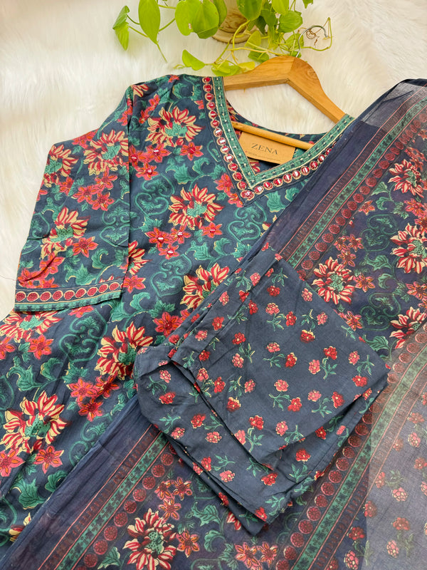 Pure Cotton A-Line Kurti Set – Breezy Elegance in Dark Blue