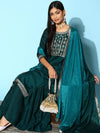 Teal Yoke Design Silk Blend Straight Kurta With Sharara Dupatta