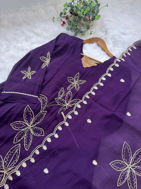 Party Wear Handwork A-Line Set – Top, Bottom & Dupatta