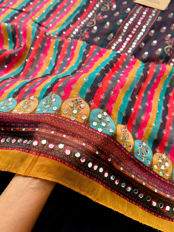 Unstitched Shimmer Silk Digital Printed Partywear Suit with Real Mirror Work