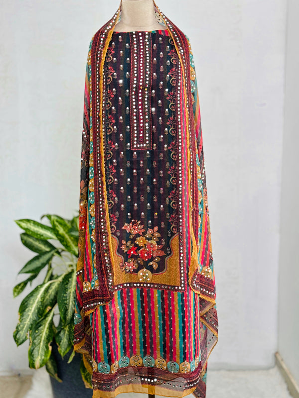 Unstitched Shimmer Silk Digital Printed Partywear Suit with Real Mirror Work