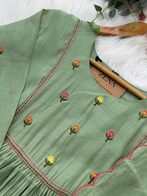 ✨ Glass Chanderi Anarkali Kurti Set – Top, Bottom & Dupatta ✨