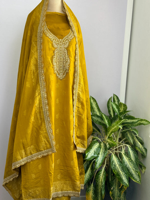 Semi-Silk Unstitched Jacquard Embroidered Partywear Suit – Festive Elegance