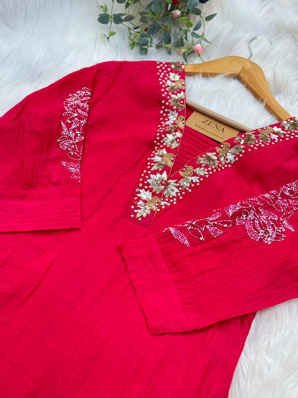 Premium Mul Chanderi Hand Detailed A-Line Kurti Set – Grace in Every Thread