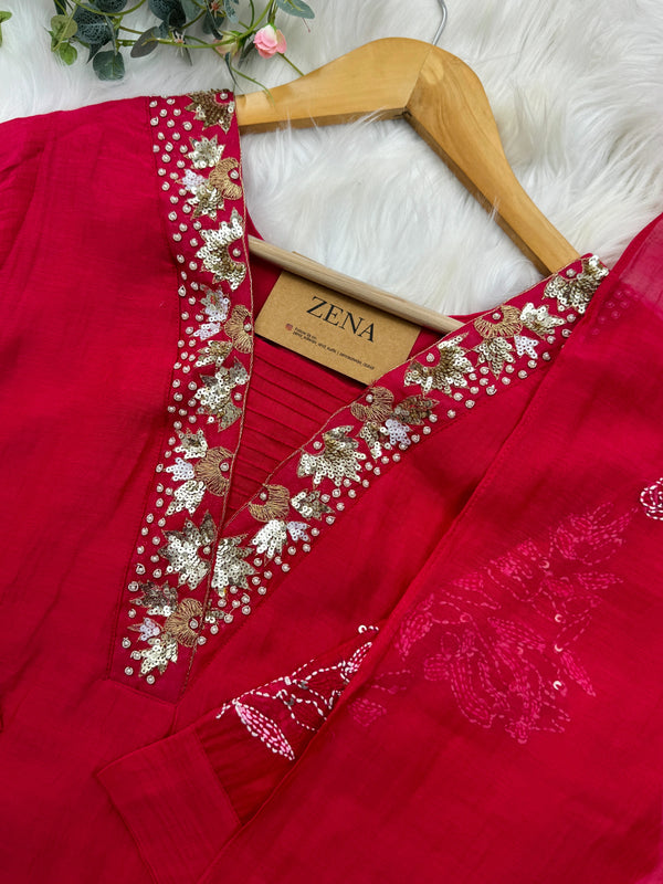 Premium Mul Chanderi Hand Detailed A-Line Kurti Set – Grace in Every Thread