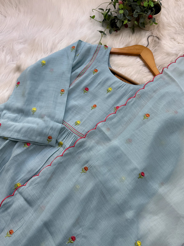 ✨ Glass Chanderi Anarkali Kurti Set – Top, Bottom & Dupatta ✨