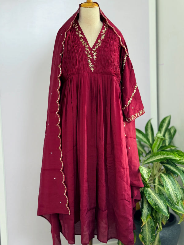 Mul Chanderi Hand Detailed Anarkali Set – Elegant Festive Wear