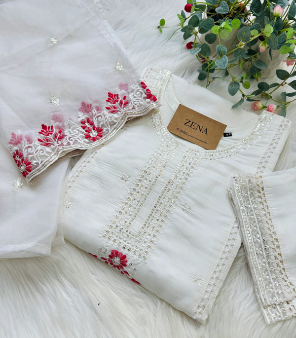 Semi Silk Embroidered Kurti Set with Organza Dupatta – Effortless Festive Elegance