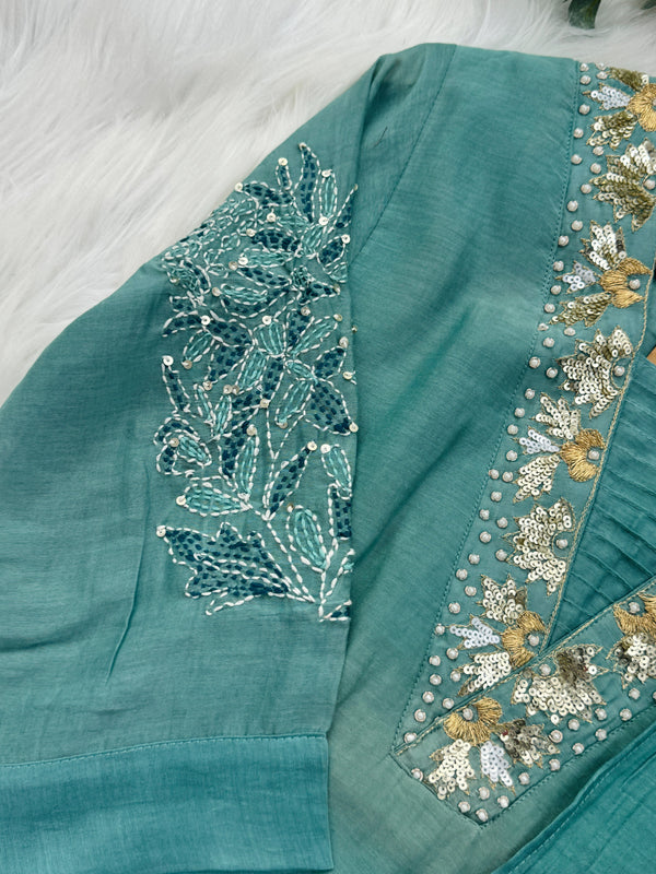 Premium Mul Chanderi Hand Detailed A-Line Kurti Set – Grace in Every Thread