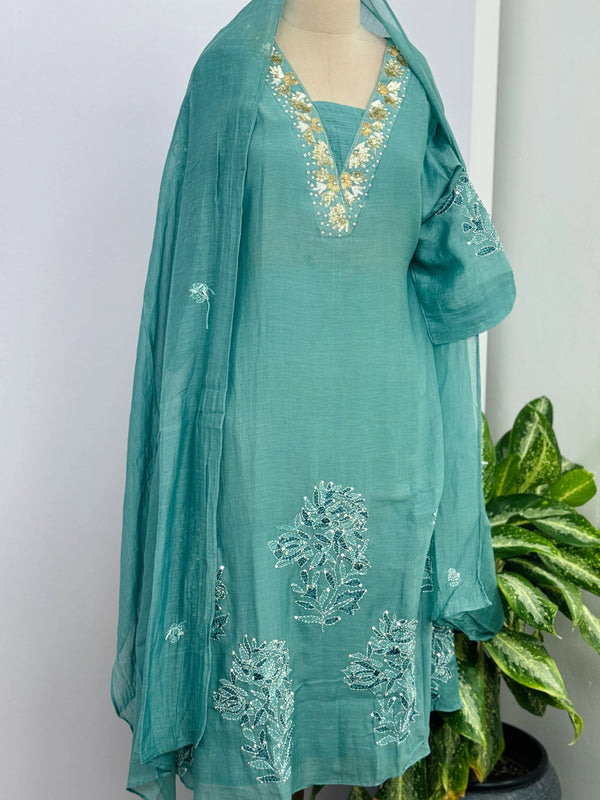 Premium Mul Chanderi Hand Detailed A-Line Kurti Set – Grace in Every Thread