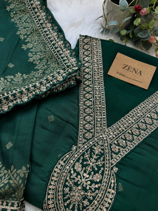 Semi-Silk Unstitched Jacquard Embroidered Partywear Suit – Festive Elegance
