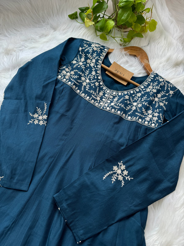 Ready-to-Wear A-Line Embroidered Kurti Set in Chanderi Silk – Subtle Elegance for Every Occasion