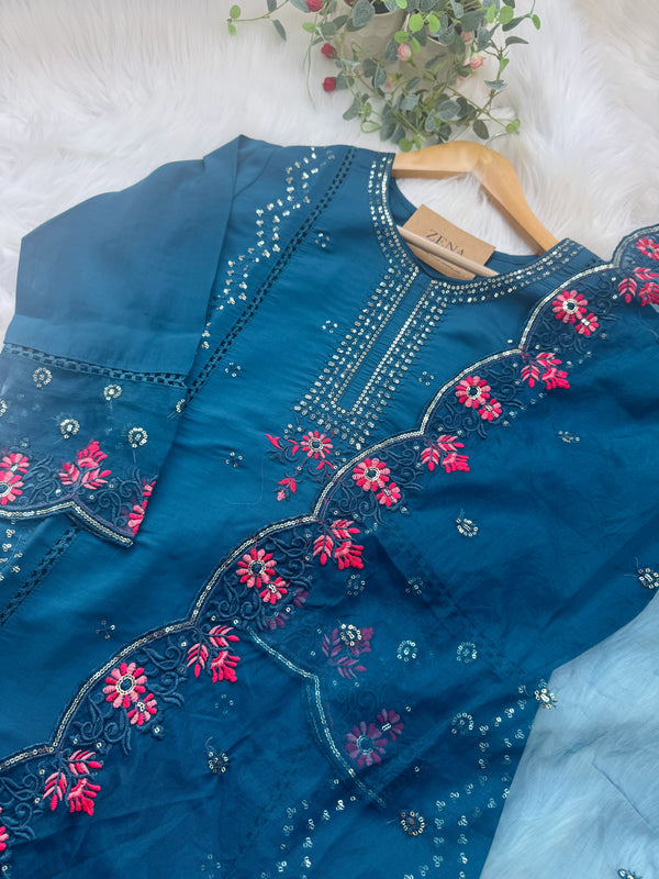 Pure Cotton Party Wear Kurti Set with Organza Embroidered Dupatta