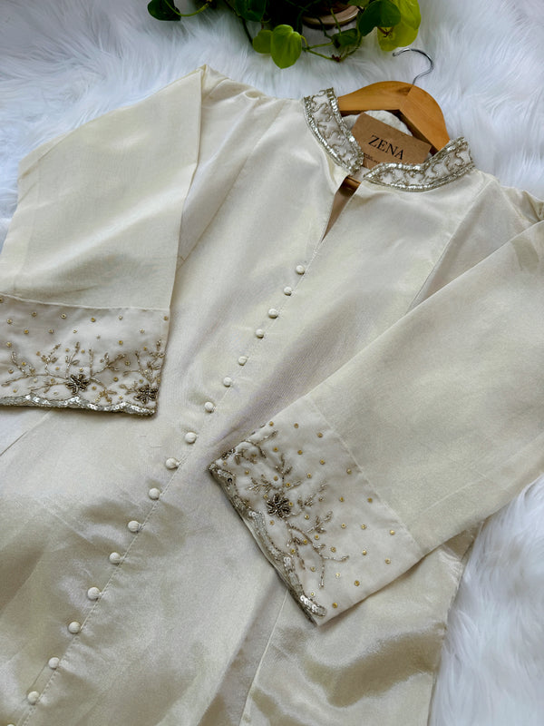 Tissue Silk Hand Detailed Kurti Set with Organza Dupatta – Celebrate in Graceful Luxury
