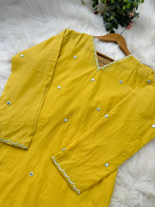 Premium Mul Chanderi Mirror Work A-Line Kurti Set – Shine with Subtle Elegance