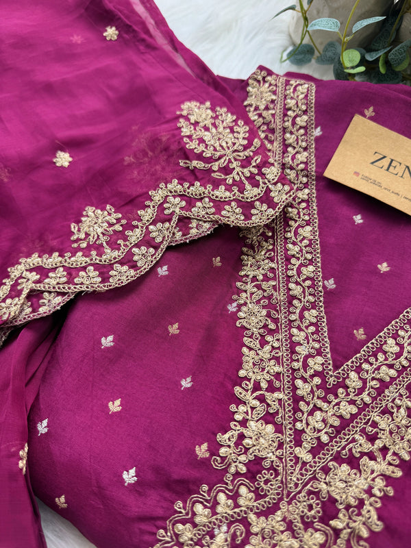 Russian Silk Unstitched Partywear Suit with Organza Dupatta – Elegant Ethnic Wear