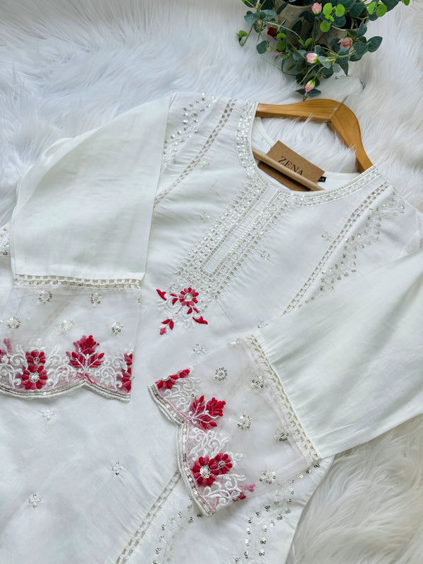 Semi Silk Embroidered Kurti Set with Organza Dupatta – Effortless Festive Elegance