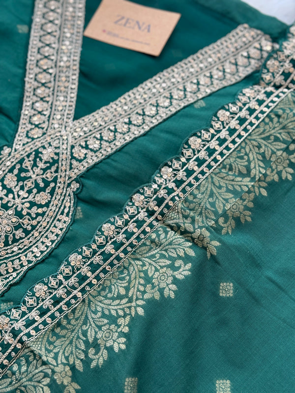 Semi-Silk Unstitched Jacquard Embroidered Partywear Suit – Festive Elegance