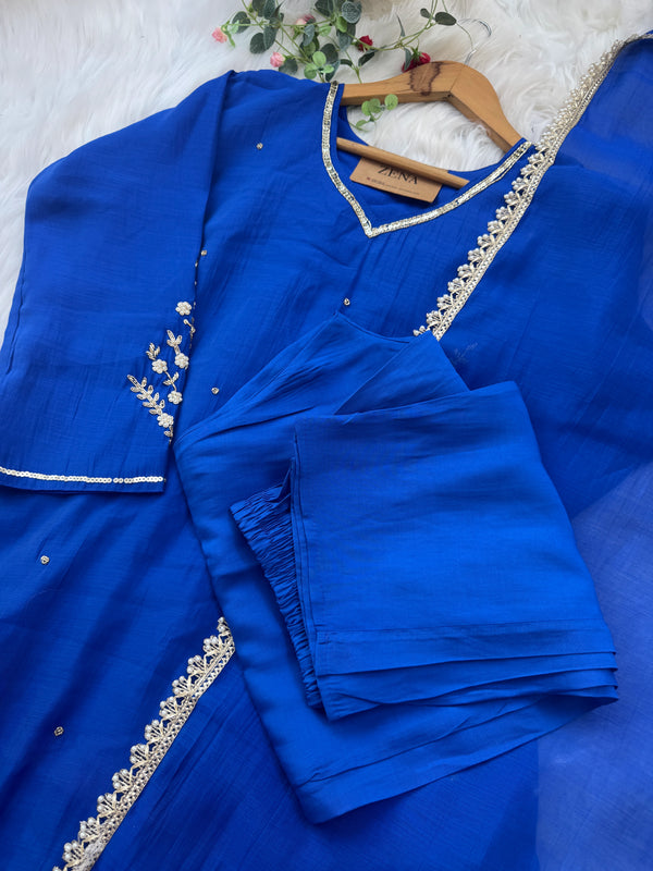 Glass Chanderi Hand-Detailed A-Line Kurti Set