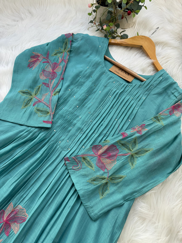 Mul Chanderi Embroidered Anarkali Kurti Set – Timeless Elegance in Every Fold