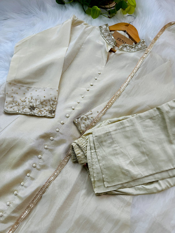Tissue Silk Hand Detailed Kurti Set with Organza Dupatta – Celebrate in Graceful Luxury