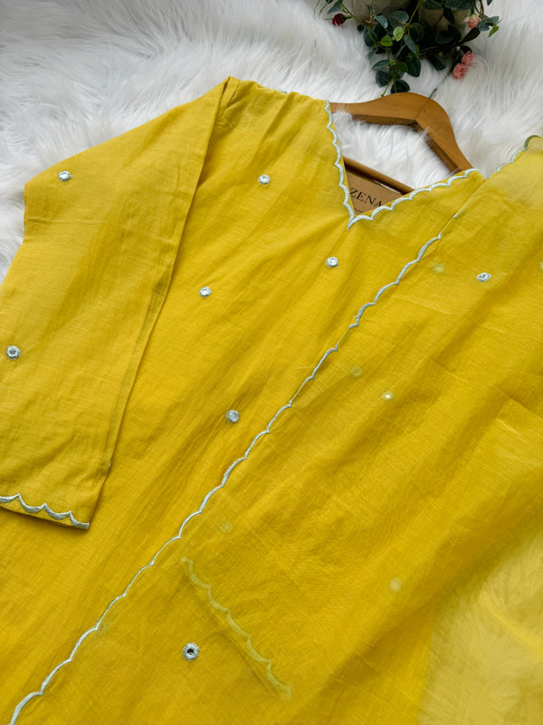 Premium Mul Chanderi Mirror Work A-Line Kurti Set – Shine with Subtle Elegance