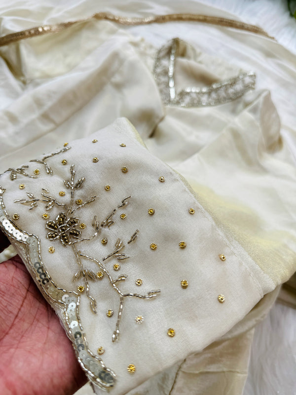 Tissue Silk Hand Detailed Kurti Set with Organza Dupatta – Celebrate in Graceful Luxury