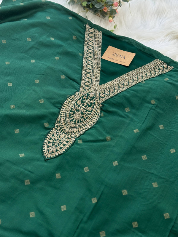 Semi-Silk Unstitched Jacquard Embroidered Partywear Suit – Festive Elegance