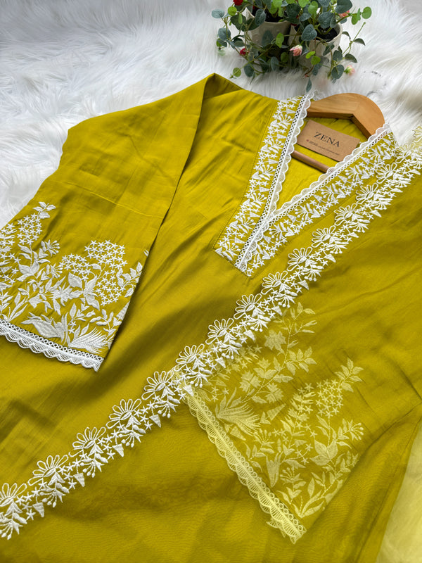 Mul Cotton Embroidered A-Line Kurti Set