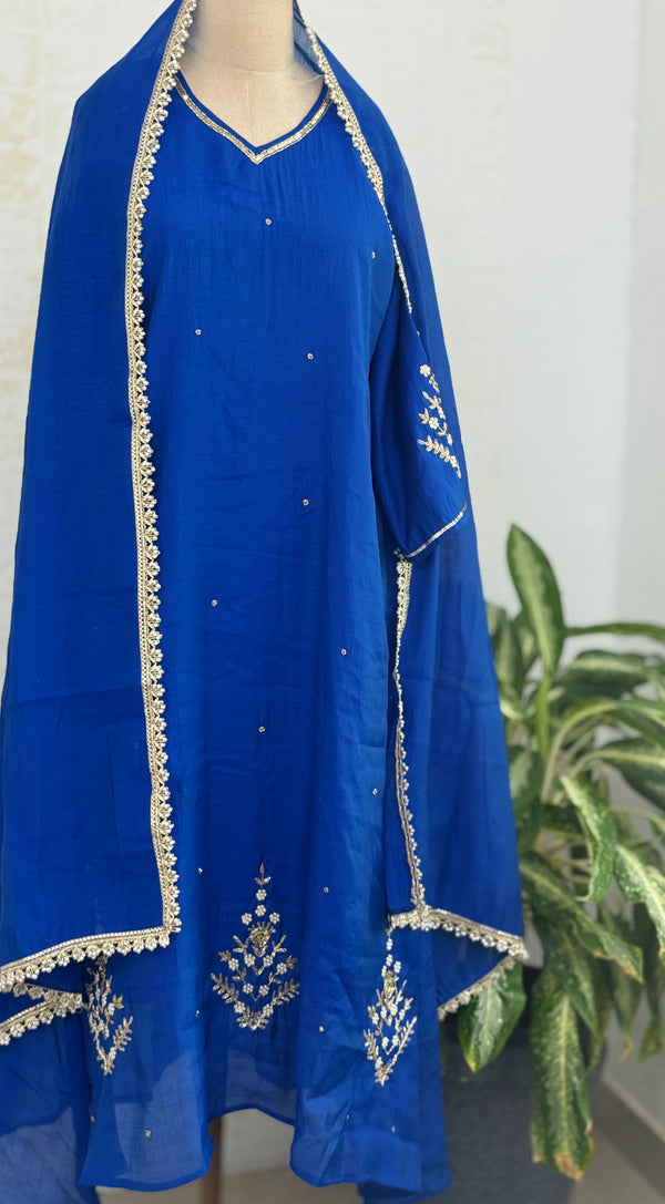 Glass Chanderi Hand-Detailed A-Line Kurti Set