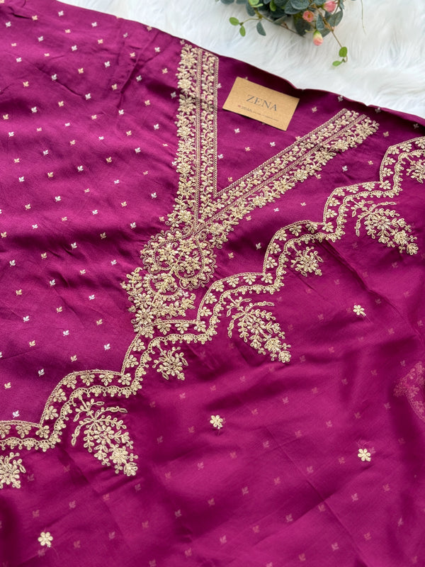 Russian Silk Unstitched Partywear Suit with Organza Dupatta – Elegant Ethnic Wear