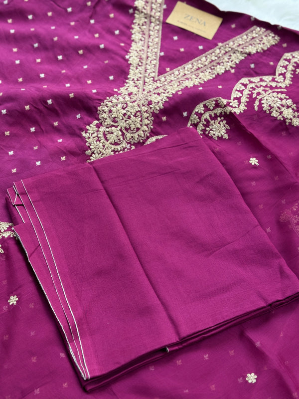 Russian Silk Unstitched Partywear Suit with Organza Dupatta – Elegant Ethnic Wear