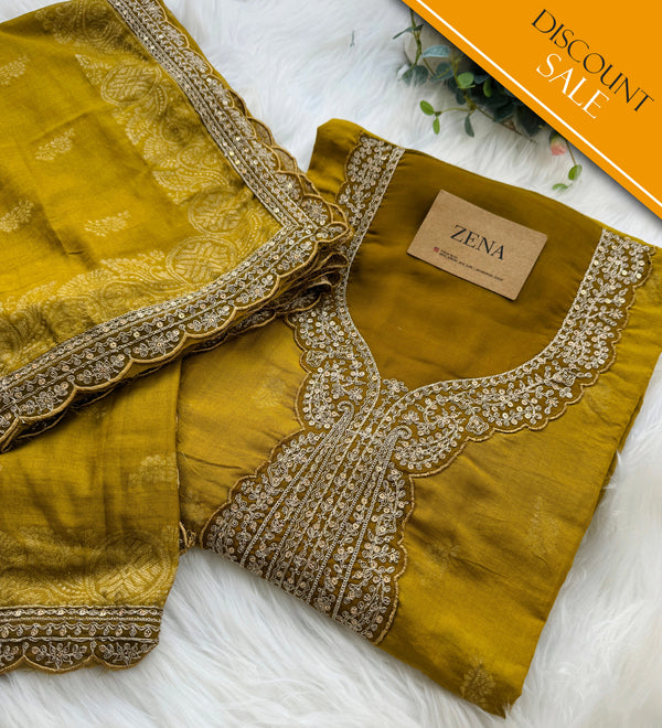 Semi-Silk Unstitched Jacquard Embroidered Partywear Suit – Festive Elegance