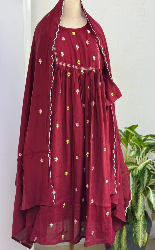 ✨ Glass Chanderi Anarkali Kurti Set – Top, Bottom & Dupatta ✨