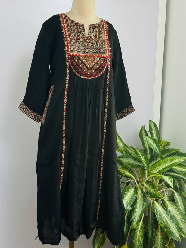 Ajrakh Printed Embroidered Anarkali Set – Modal Muslin Silk with Plazo Pants