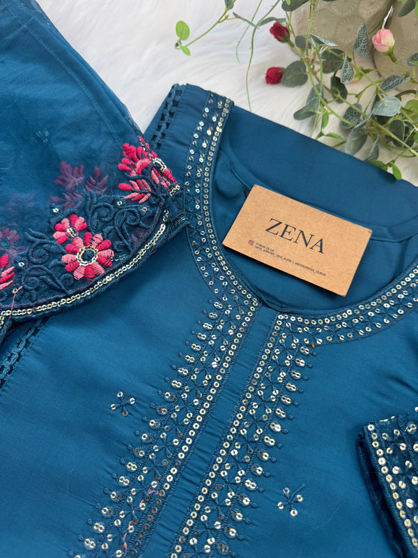 Pure Cotton Party Wear Kurti Set with Organza Embroidered Dupatta