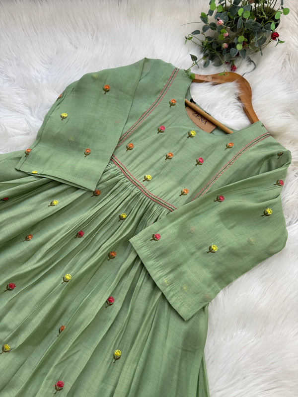 ✨ Glass Chanderi Anarkali Kurti Set – Top, Bottom & Dupatta ✨