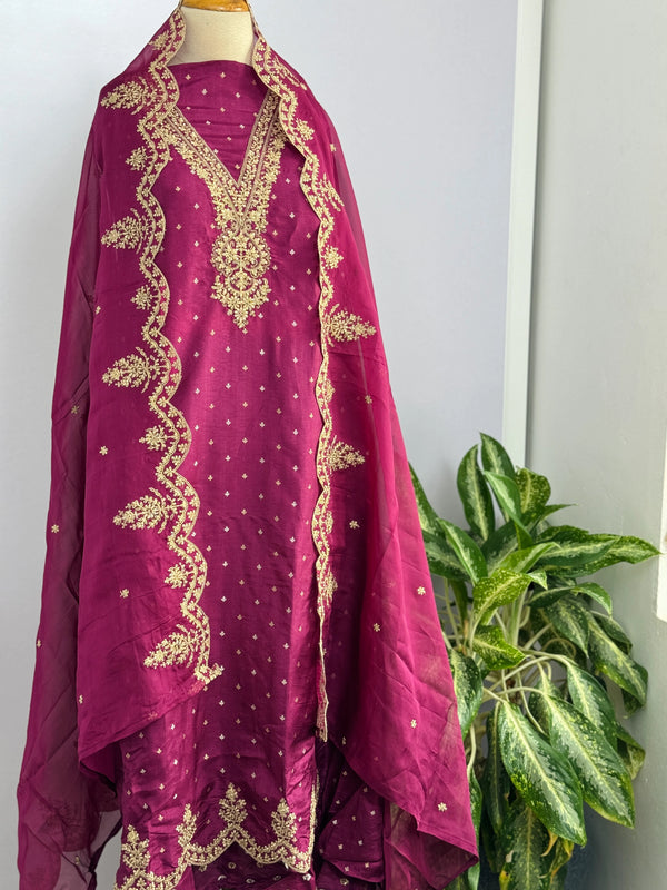 Russian Silk Unstitched Partywear Suit with Organza Dupatta – Elegant Ethnic Wear