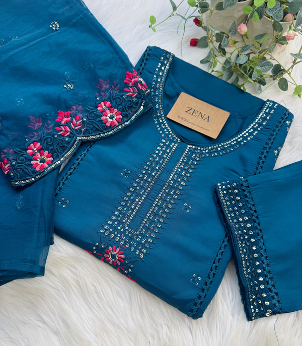 Pure Cotton Party Wear Kurti Set with Organza Embroidered Dupatta