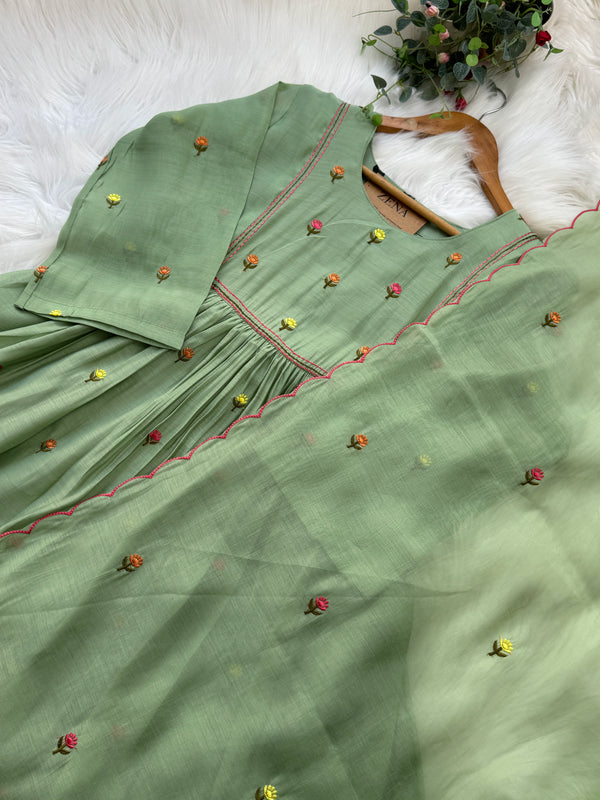 ✨ Glass Chanderi Anarkali Kurti Set – Top, Bottom & Dupatta ✨