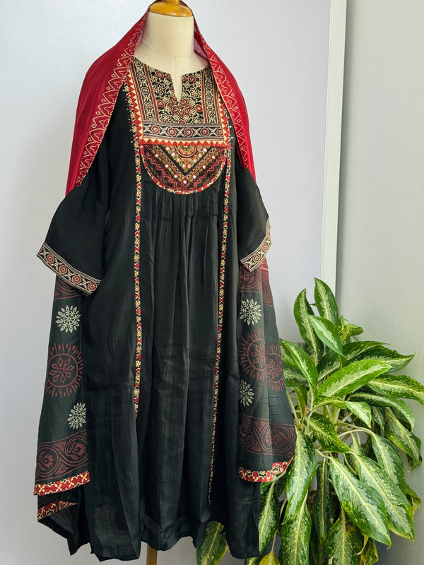 Ajrakh Printed Embroidered Anarkali Set – Modal Muslin Silk with Plazo Pants
