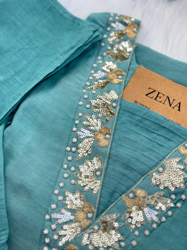 Premium Mul Chanderi Hand Detailed A-Line Kurti Set – Grace in Every Thread