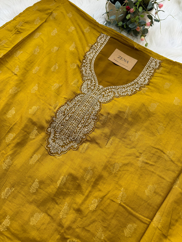Semi-Silk Unstitched Jacquard Embroidered Partywear Suit – Festive Elegance